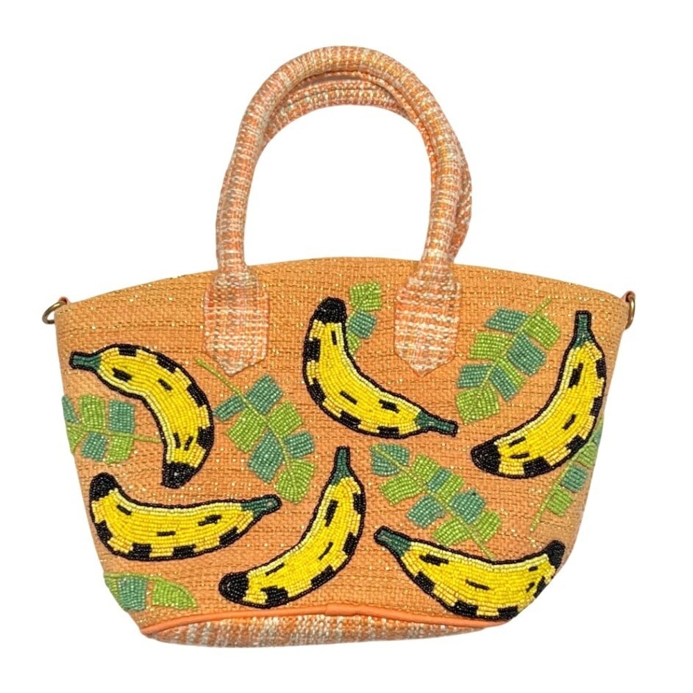 America & Beyond Banana Beaded Woven Tote Bag Peach NWOT Tropical Resort Funky